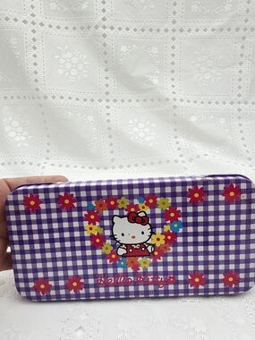 1993 Vintage Sanrio Hello Kitty  Tin Pencil Case Purple Gingham Flower